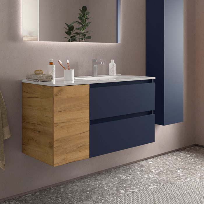 SALGAR BEQUIA Mueble de Baño con Lavabo 2 Cajones 1 Puerta Izquierda Azul Mate Roble