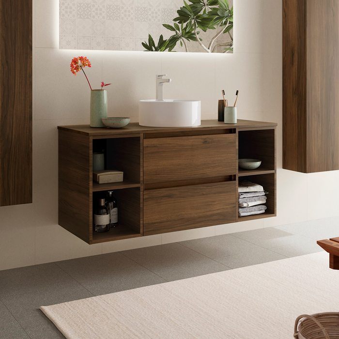 SALGAR 110534 BEQUIA Mueble de Baño con Lavabo de Posar y Encimera 120 cm 2 Cajones 4 Huecos Nogal Maya