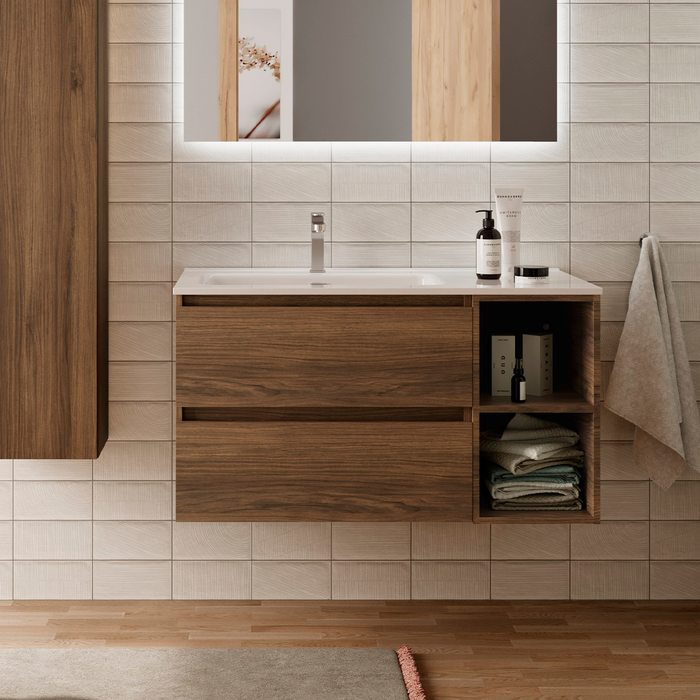 SALGAR BEQUIA Mueble de Baño con Lavabo 2 Cajones 2 Huecos Derecha Nogal Maya