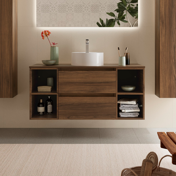 SALGAR 110534 BEQUIA Mueble de Baño con Lavabo de Posar y Encimera 120 cm 2 Cajones 4 Huecos Nogal Maya
