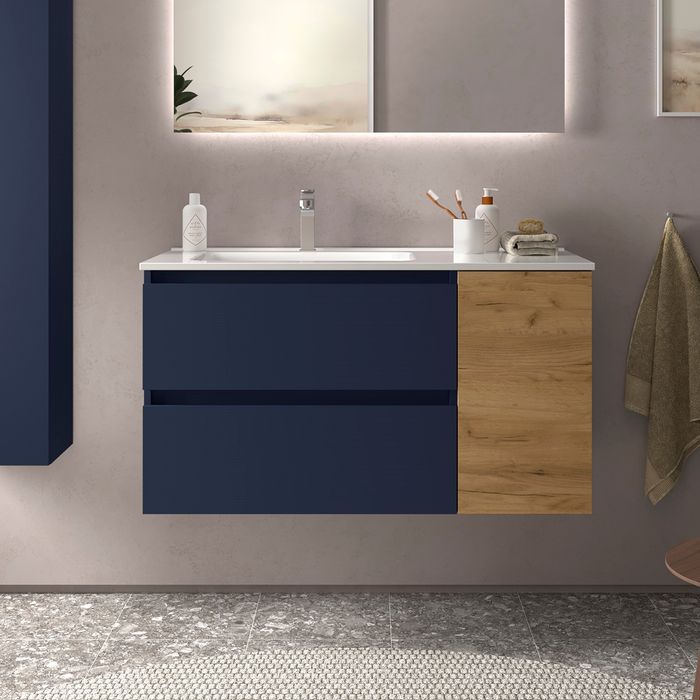 SALGAR BEQUIA Mueble de Baño con Lavabo 2 Cajones 1 Puerta Derecha Azul Mate Roble