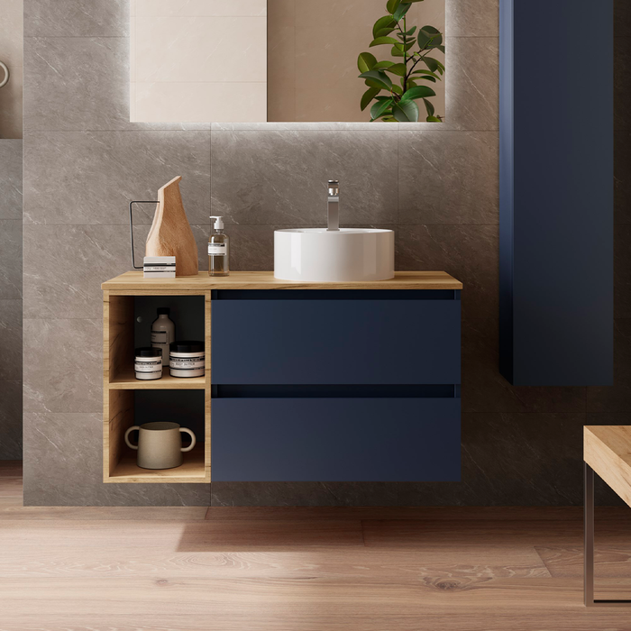 SALGAR BEQUIA Mueble de Baño con Lavabo de Posar y Encimera 2 Cajones 2 Huecos Azul Mate Roble