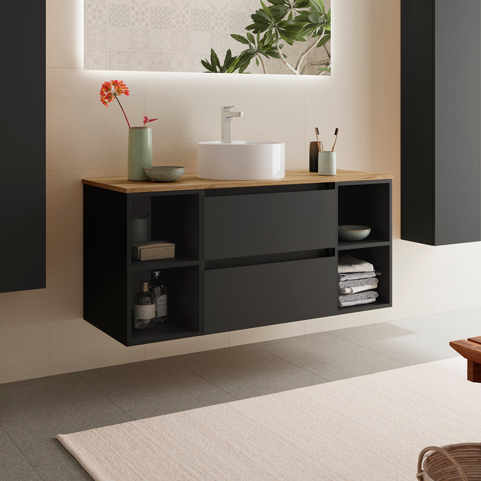 SALGAR 110533 BEQUIA Mueble de Baño con Lavabo de Posar y Encimera 120 cm 2 Cajones 4 Huecos Negro Mate Roble