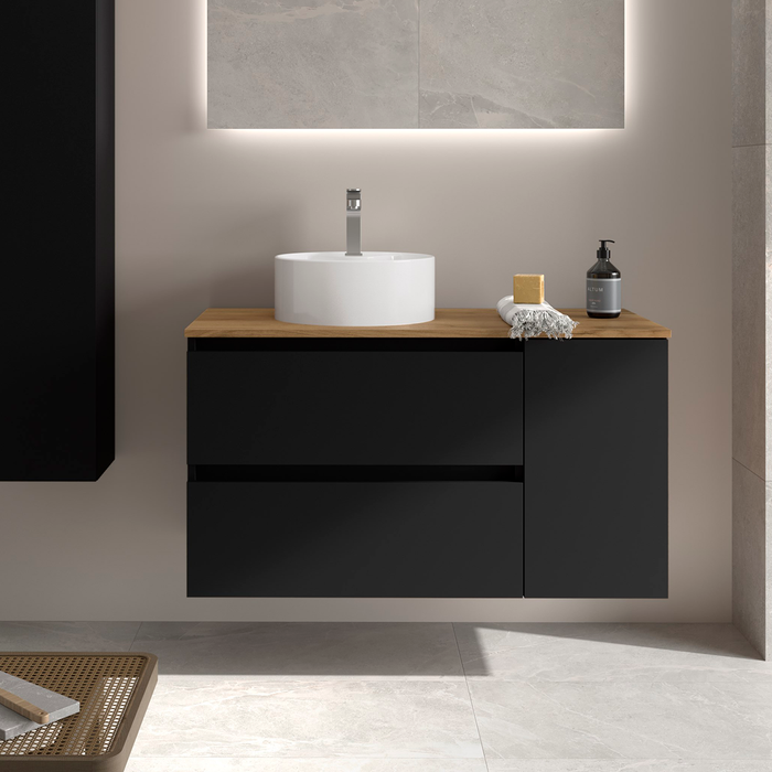 SALGAR BEQUIA Mueble de Baño con Lavabo de Posar y Encimera 2 Cajones 1 Puerta Reversible Negro Mate Roble