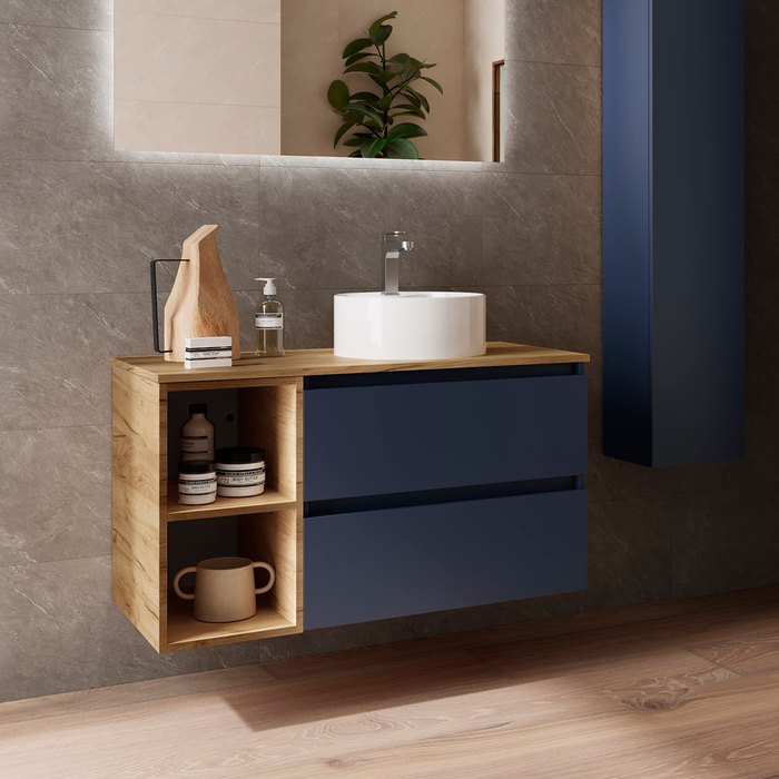 SALGAR BEQUIA Mueble de Baño con Lavabo de Posar y Encimera 2 Cajones 2 Huecos Azul Mate Roble