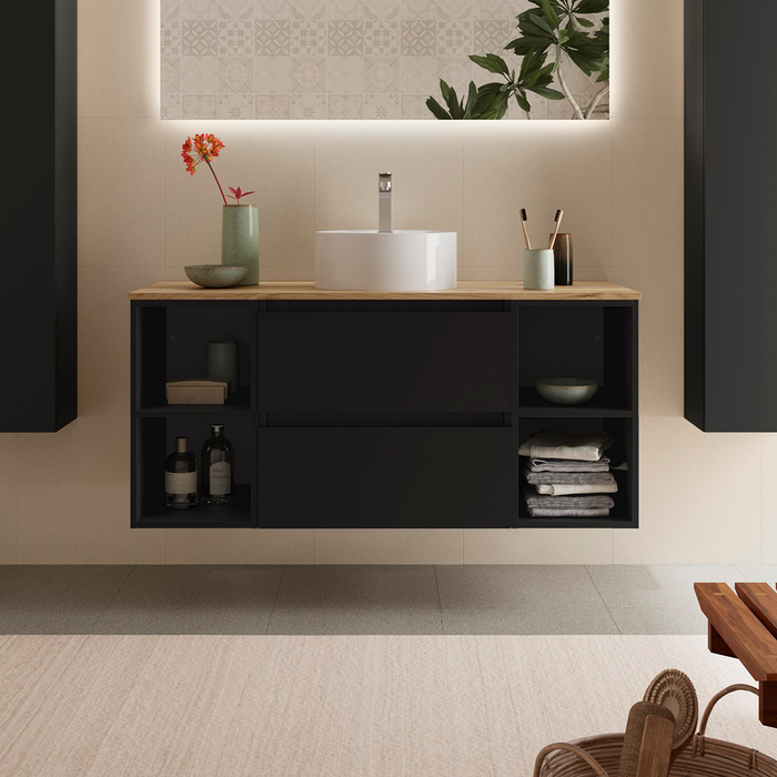 SALGAR 110533 BEQUIA Mueble de Baño con Lavabo de Posar y Encimera 120 cm 2 Cajones 4 Huecos Negro Mate Roble