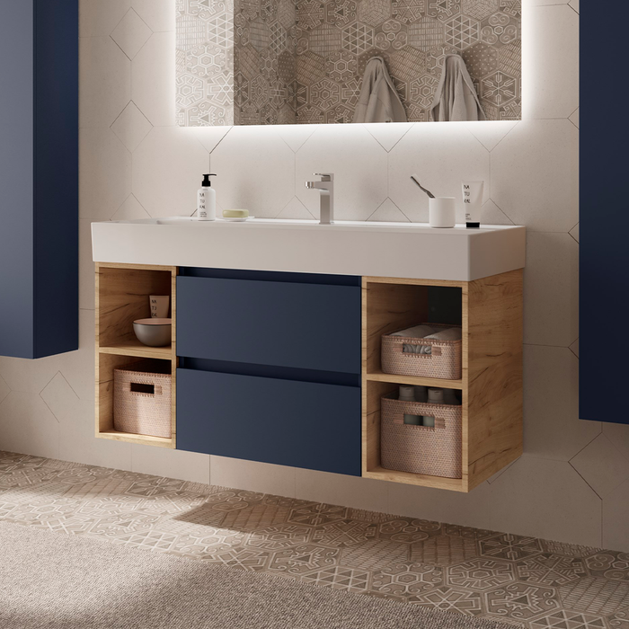 SALGAR 110551 BEQUIA Mueble de Baño con Lavabo 120 cm 2 Cajones 4 Huecos Azul Mate Roble