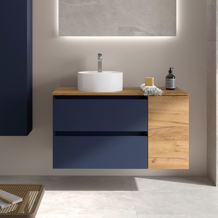 SALGAR BEQUIA Mueble de Baño con Lavabo de Posar y Encimera 2 Cajones 1 Puerta Reversible Azul Mate Roble