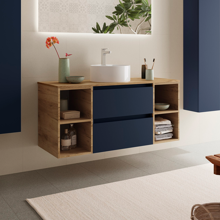 SALGAR 110558 BEQUIA Mueble de Baño con Lavabo de Posar y Encimera 120 cm 2 Cajones 4 Huecos Azul Mate Roble