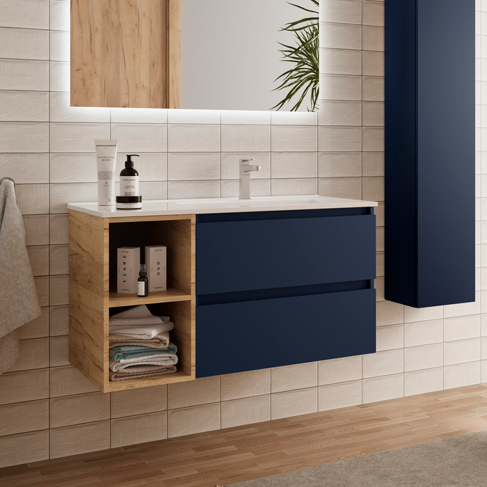SALGAR BEQUIA Mueble de Baño con Lavabo 2 Cajones 2 Huecos Izquierda Azul Mate Roble