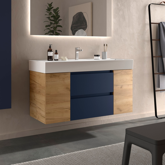 SALGAR 111430 BEQUIA Mueble de Baño con Lavabo 120 cm 2 Cajones 2 Puertas Azul Mate Roble