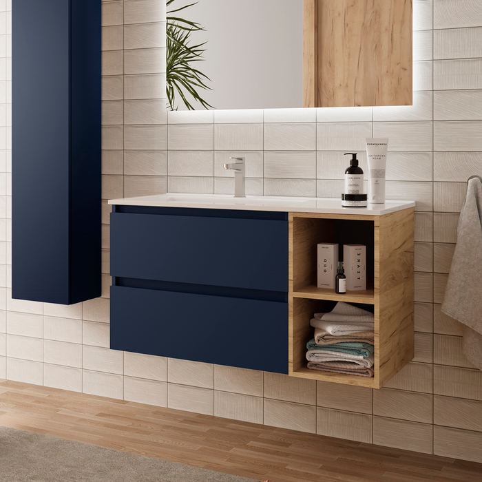 SALGAR BEQUIA Mueble de Baño con Lavabo 2 Cajones 2 Huecos Derecha Azul Mate Roble