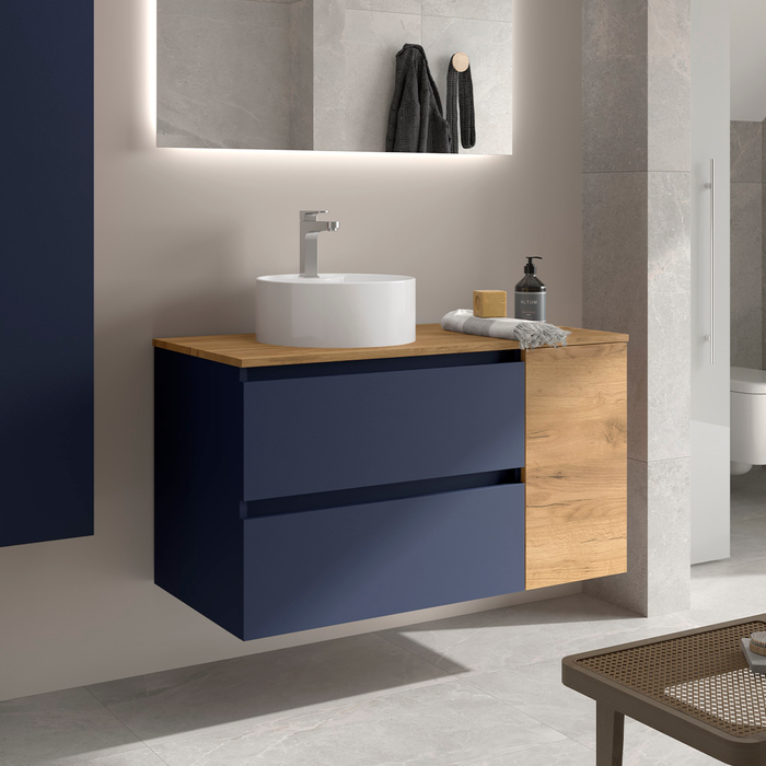 SALGAR BEQUIA Mueble de Baño con Lavabo de Posar y Encimera 2 Cajones 1 Puerta Reversible Azul Mate Roble