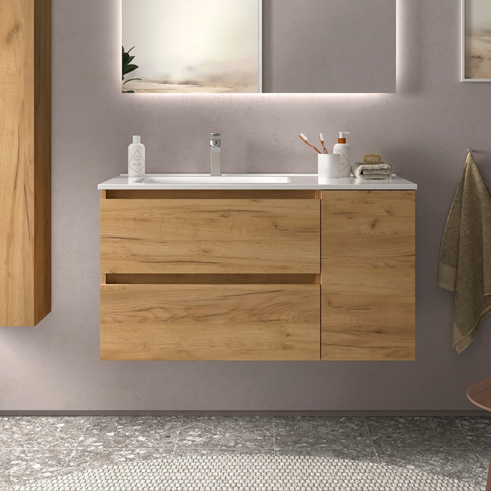 SALGAR BEQUIA Mueble de Baño con Lavabo 2 Cajones 1 Puerta Derecha Roble África