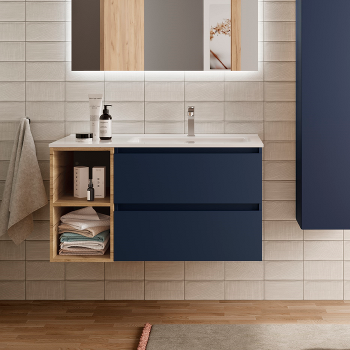 SALGAR BEQUIA Mueble de Baño con Lavabo 2 Cajones 2 Huecos Izquierda Azul Mate Roble