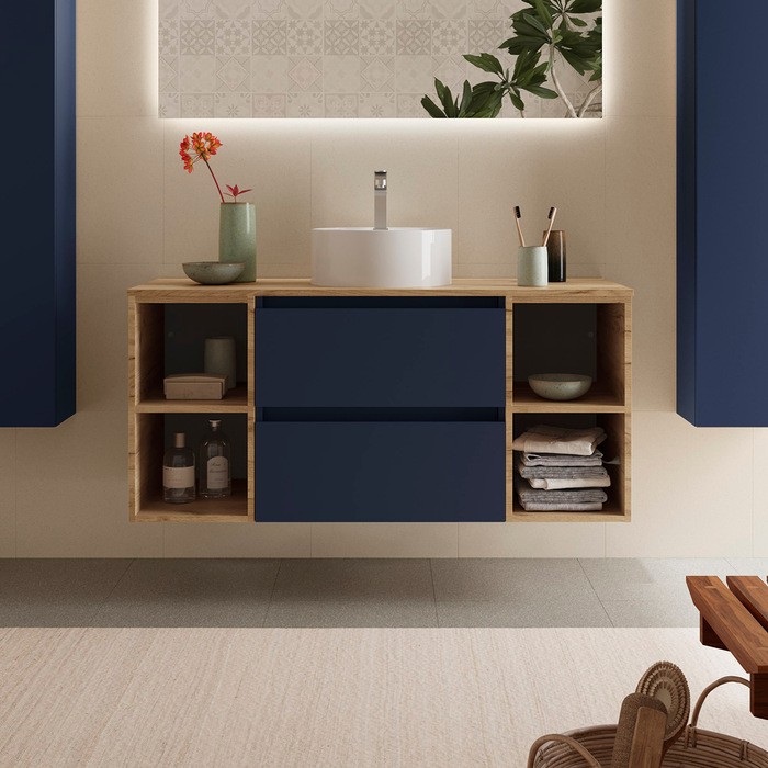 SALGAR 110558 BEQUIA Mueble de Baño con Lavabo de Posar y Encimera 120 cm 2 Cajones 4 Huecos Azul Mate Roble
