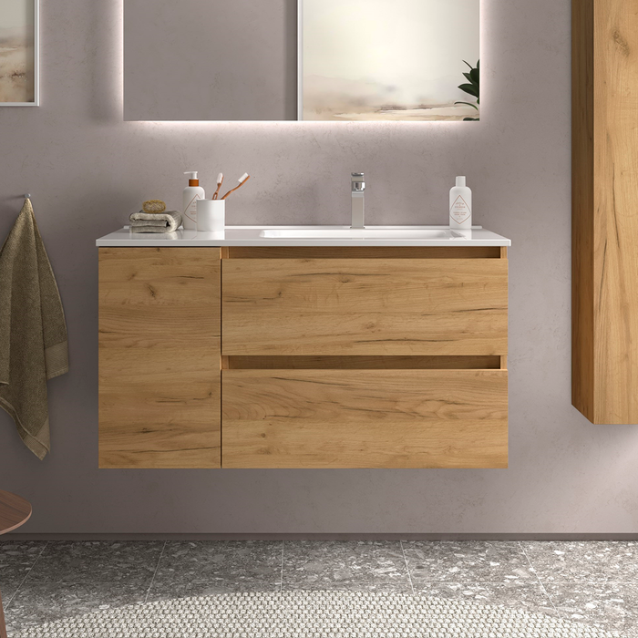 SALGAR BEQUIA Mueble de Baño con Lavabo 2 Cajones 1 Puerta Izquierda Roble África