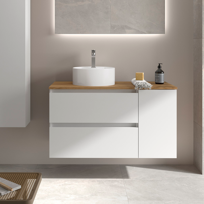 SALGAR BEQUIA Mueble de Baño con Lavabo de Posar y Encimera 2 Cajones 1 Puerta Reversible Blanco Mate Roble