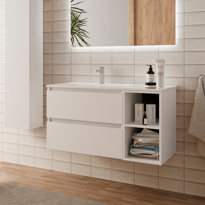 SALGAR BEQUIA Mueble de Baño con Lavabo 2 Cajones 2 Huecos Derecha Blanco Mate