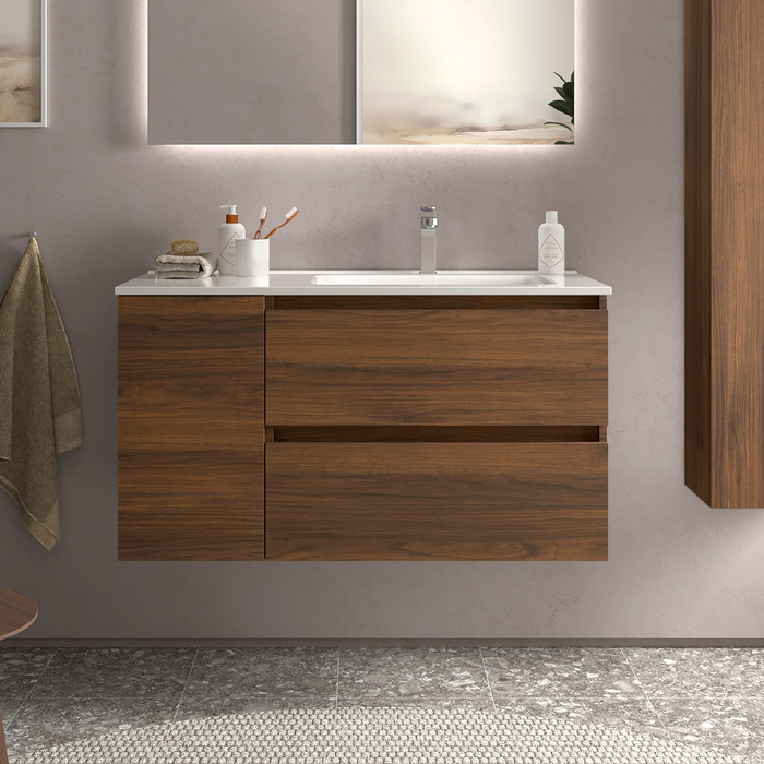 SALGAR BEQUIA Mueble de Baño con Lavabo 2 Cajones 1 Puerta Izquierda Nogal Maya