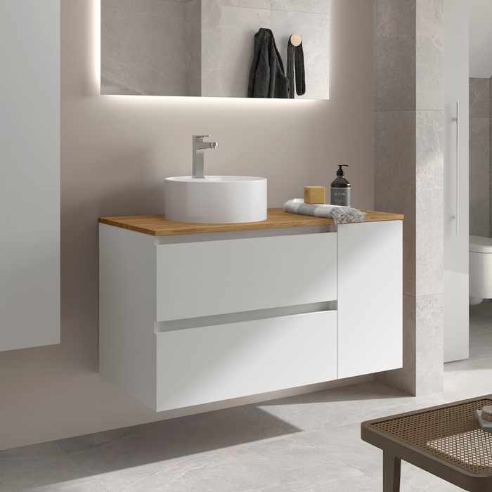 SALGAR BEQUIA Mueble de Baño con Lavabo de Posar y Encimera 2 Cajones 1 Puerta Reversible Blanco Mate Roble