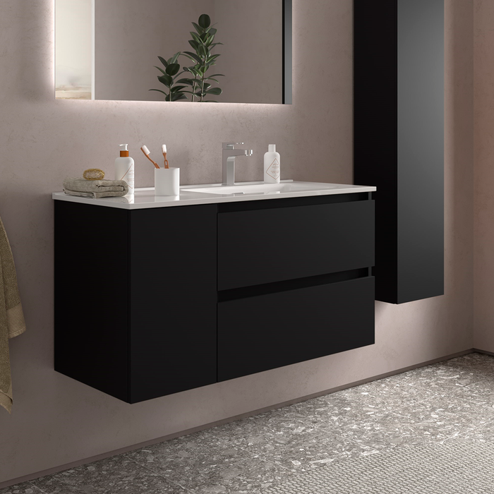 SALGAR BEQUIA Mueble de Baño con Lavabo 2 Cajones 1 Puerta Izquierda Negro Mate