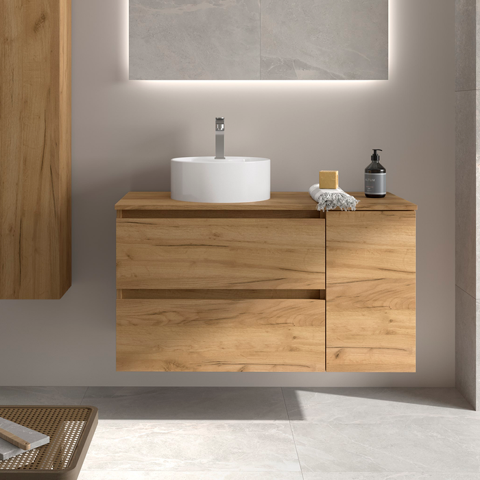 SALGAR BEQUIA Mueble de Baño con Lavabo de Posar y Encimera 2 Cajones 1 Puerta Reversible Roble África