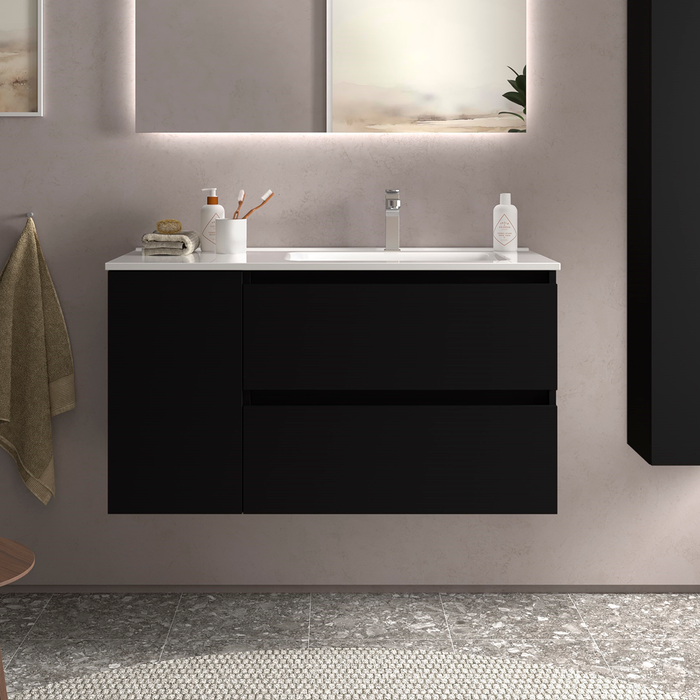 SALGAR BEQUIA Mueble de Baño con Lavabo 2 Cajones 1 Puerta Izquierda Negro Mate
