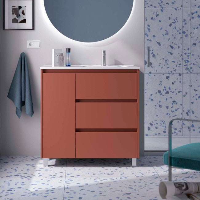 SALGAR NOJA 850 Bathroom Cabinet with Sink 3 Drawers 1 Left Door Matte Red Color