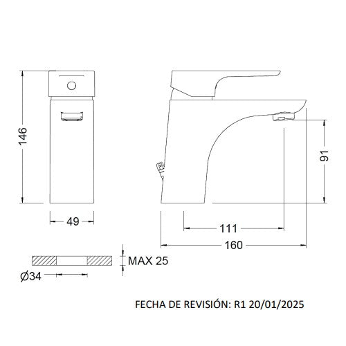 GENEBRE 64130 32 41 66 KORAL Grifo Monomando Lavabo Negro