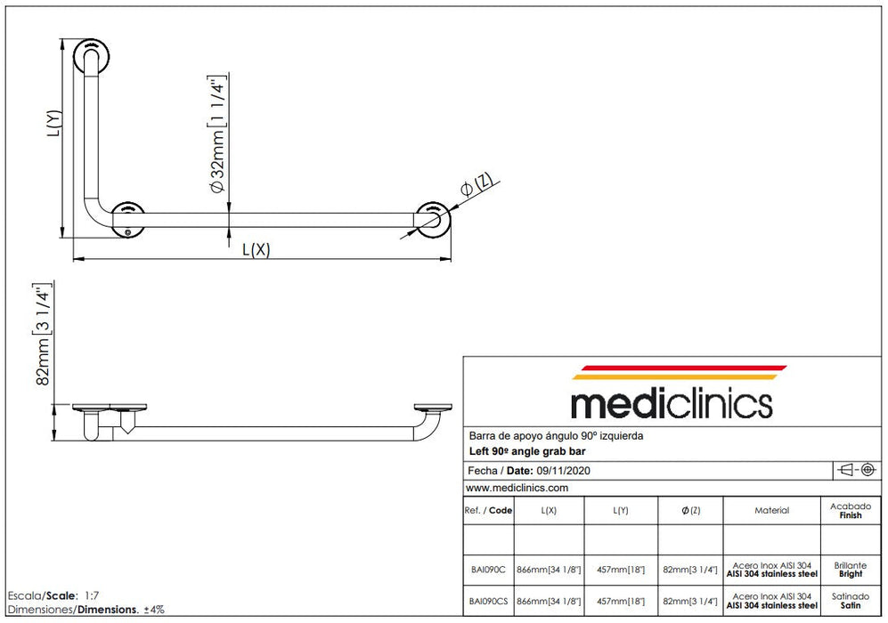 MEDICLINICS BAI090C Bar Angle 90 Left Stainless Steel Bright