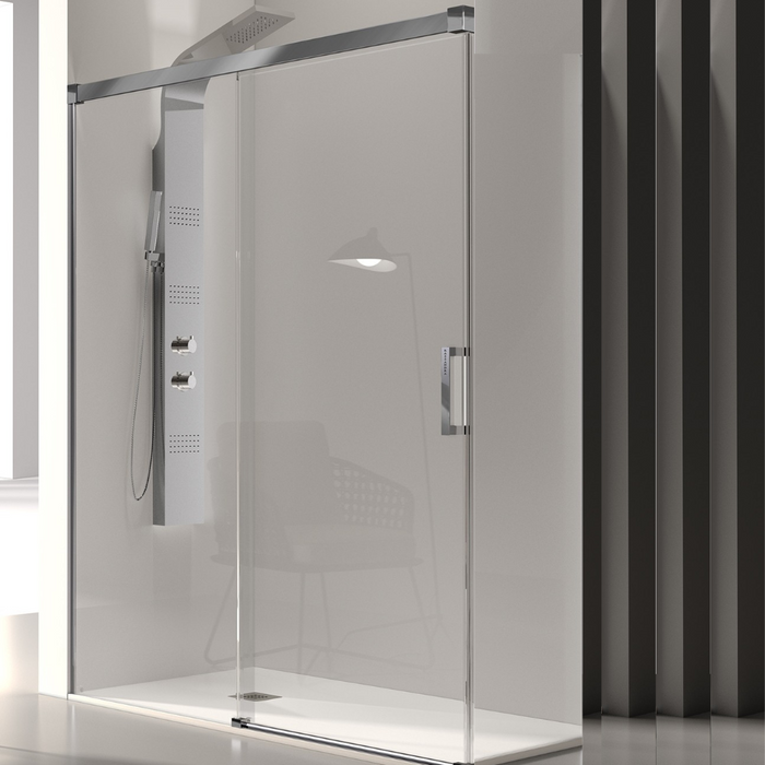 KASSANDRA GLASÉ Mampara Frente Ducha Fijo + Puerta Corredera 6 mm Plata Brillo Transparente