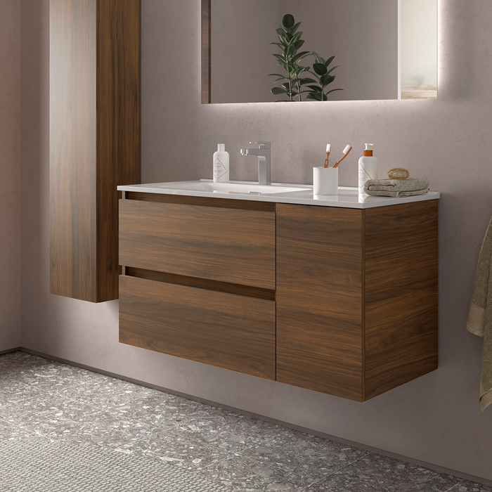 SALGAR BEQUIA Mueble de Baño con Lavabo 2 Cajones 1 Puerta Derecha Nogal Maya