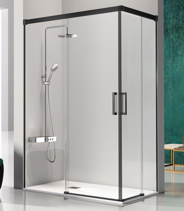 KASSANDRA GLASÉ Angular Ducha 2 Fijos + 2 Hojas Corredera 6 mm Plata Negro Mate Transparente