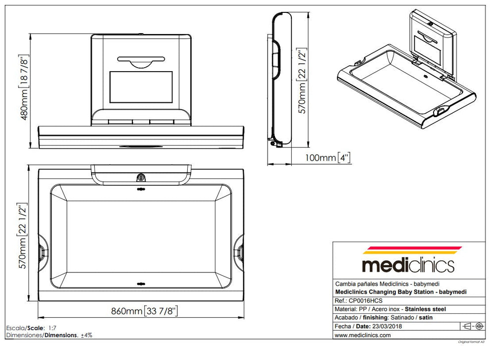 MEDICLINICS CP0016HCS Horizontal Diaper Changer Satin Stainless Steel