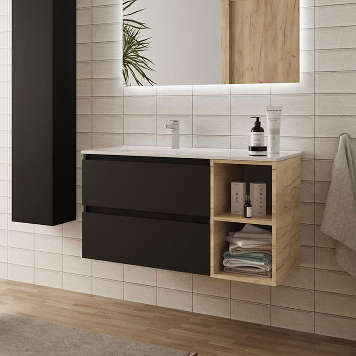 SALGAR BEQUIA Mueble de Baño con Lavabo 2 Cajones 2 Huecos Negro Roble África Derecha