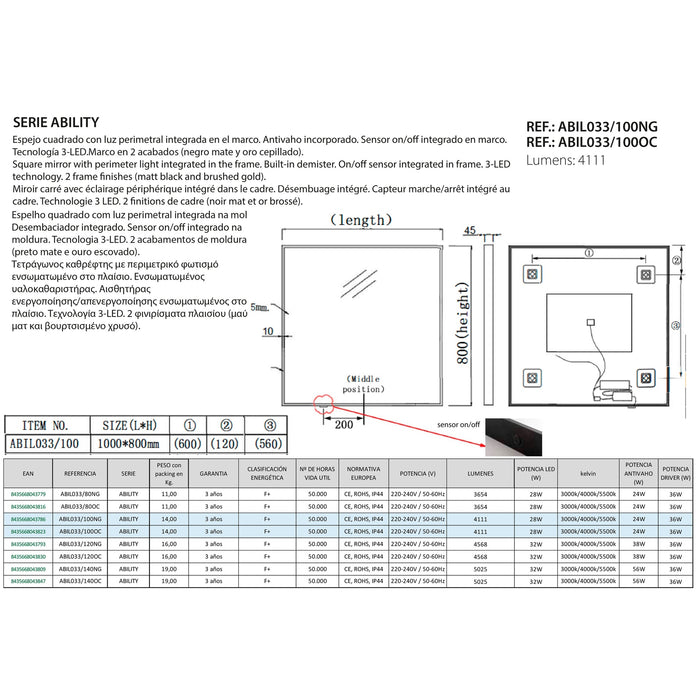 LEDIMEX ABILITY Espejo LED Perimetral Oro Cepillado