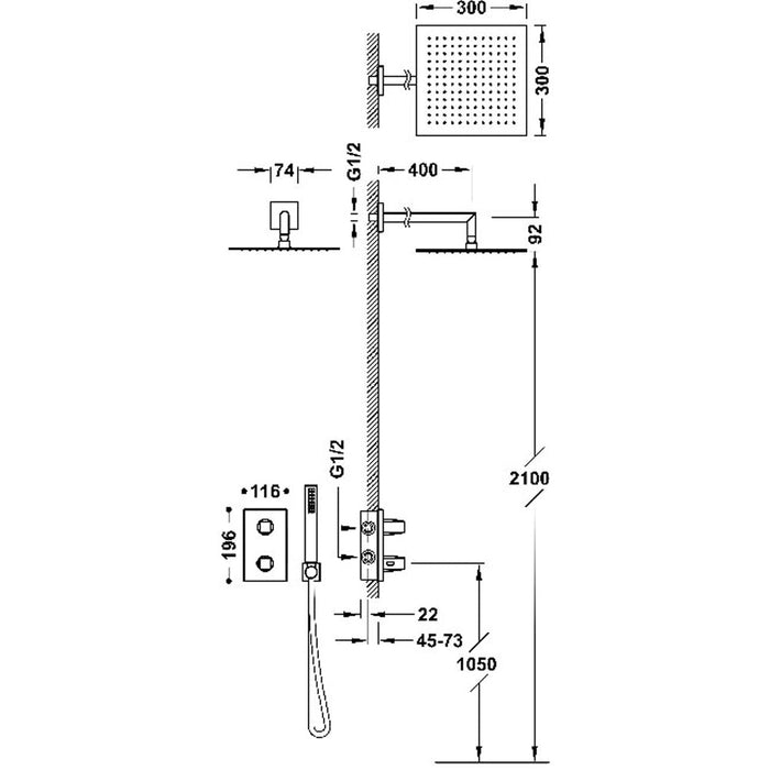 TRES 21125004AC THERM-BOX Thermostatic Built-in Faucet Kit 2-Way Shower Steel Color