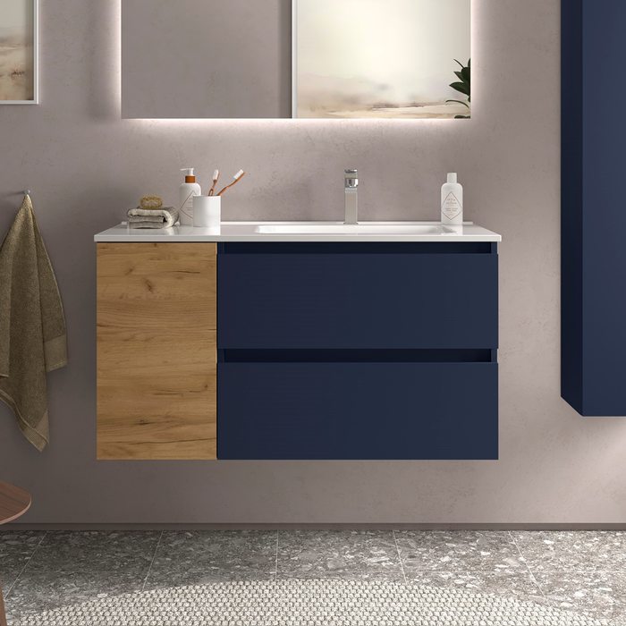 SALGAR BEQUIA Mueble de Baño con Lavabo 2 Cajones 1 Puerta Izquierda Azul Mate Roble