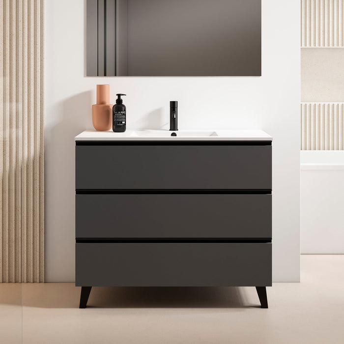 VISOBATH GRANADA Mueble de Baño con Lavabo 3 Cajones Color Ceniza Tirador Negro