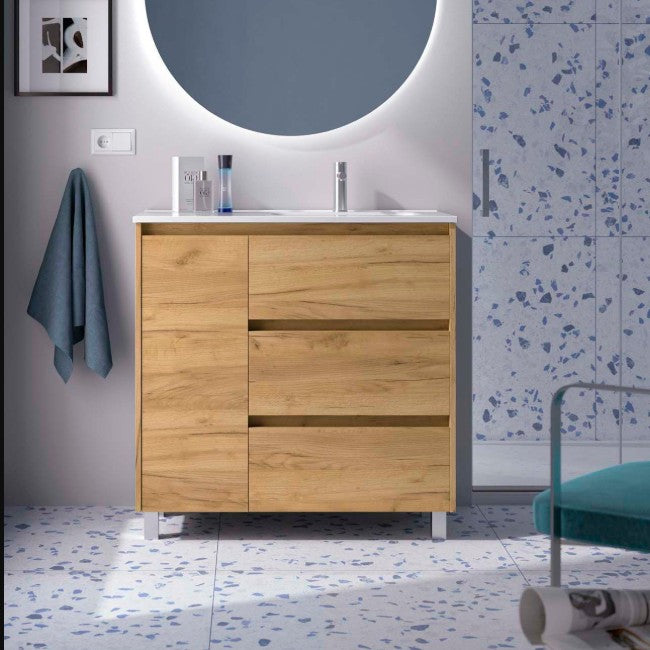 SALGAR NOJA 910 Mueble de Baño con Lavabo 3 Cajones 1 Puerta Izquierda Color Roble África