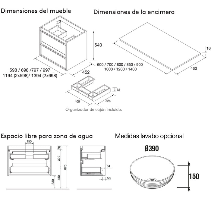 SALGAR ATTILA Bathroom Cabinet with Countertop Lid 2 Drawers Matte White Color