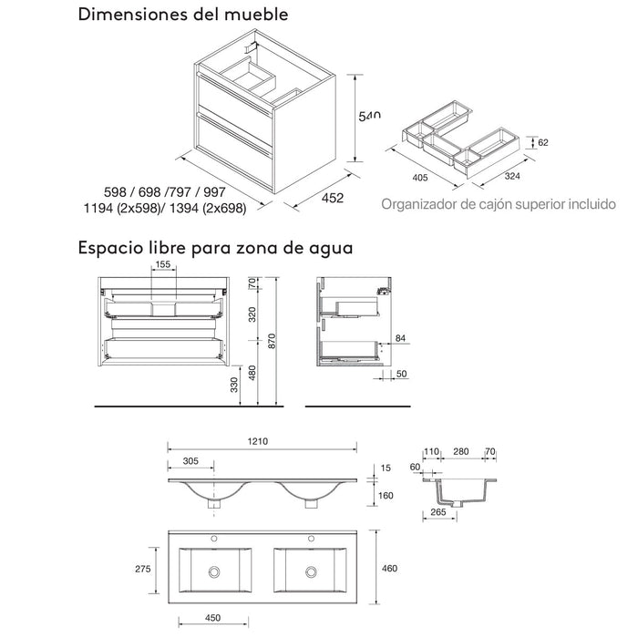 SALGAR 104732 ATTILA Mueble de Baño con Lavabo 4 Cajones 120 cm Color Negro Mate