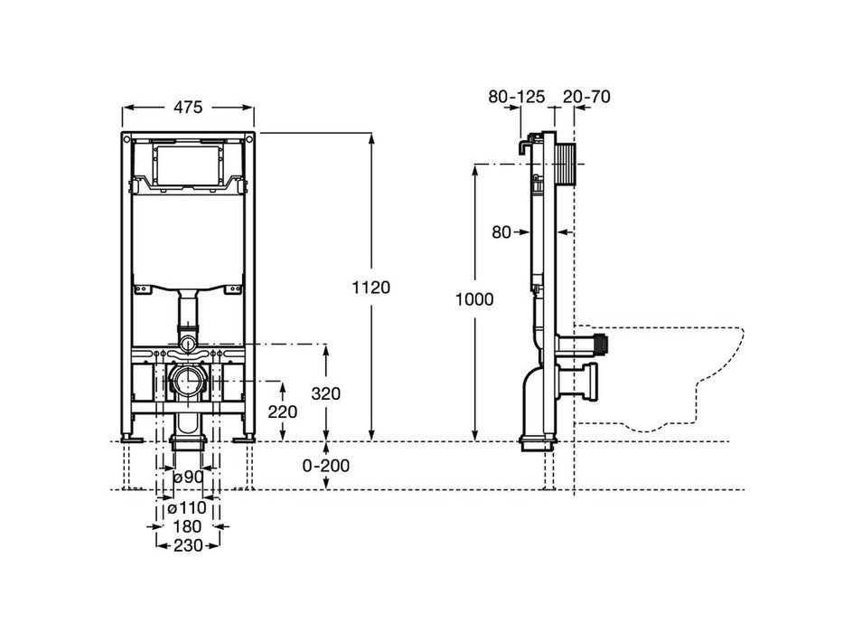 ROCA PACK THE GAP 48 SQUARE+DUPLO Wall Hung Rimless Toilet Hidden Fixings White Button