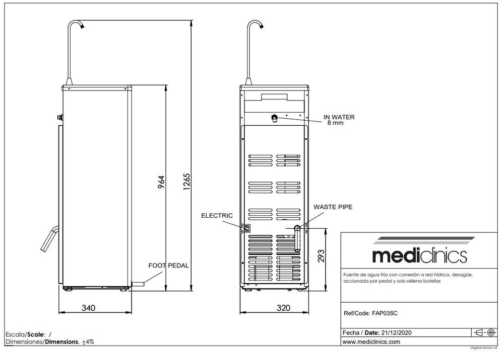 MEDICLINICS FAP035C Cold Water Fountain with Swan Neck Pedal Operation 30 l