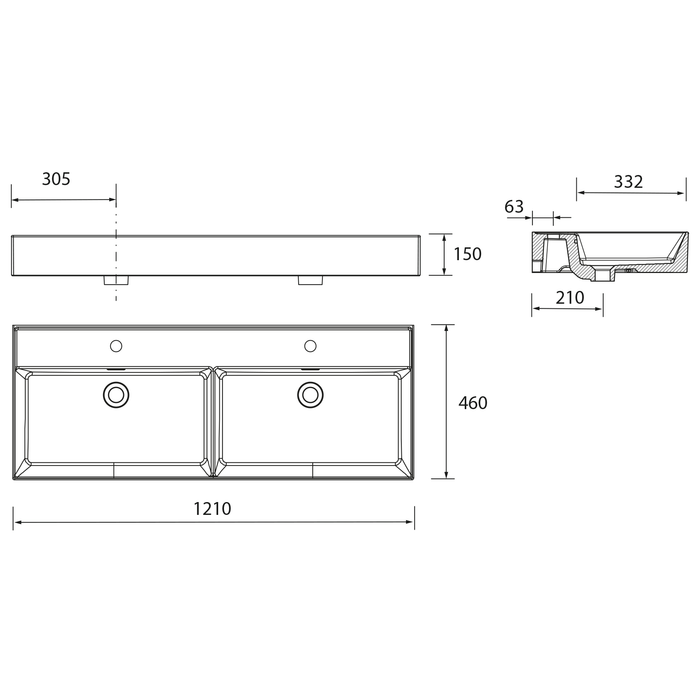 SALGAR 85913 VENETO Sink Countertop Porcelain 120 cm 2 Basins Without Holes White