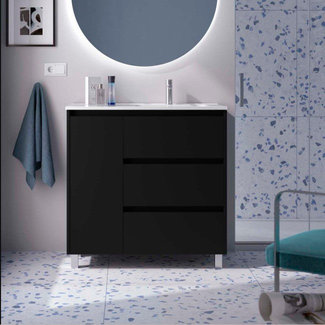 SALGAR NOJA 910 Mueble de Baño con Lavabo 3 Cajones 1 Puerta Izquierda Color Negro Mate