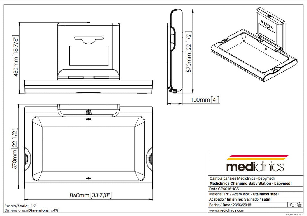 MEDICLINICS CP0016HCSB-I BABYMEDI Cambia Pañales Inox Negro Mate Horizontal con Ionizador