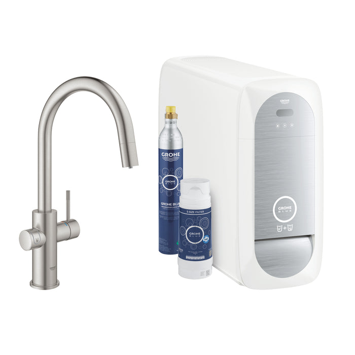 GROHE 31 541 DC0  BLUE Home Starter Kit con Caño Extraíble en C acero