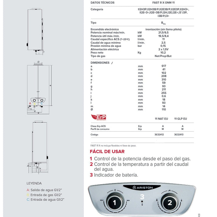 ARISTON 3632412 FAST RX ONM Calentador a Gas Atmosférico Instantáneo 11 Litros/Min Gas Natural Clase Energética A